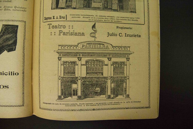 Dibujo de la fachada del Teatro Parisiana. Proyecciones del Edén, No. 14. 1922, Guayaquil.